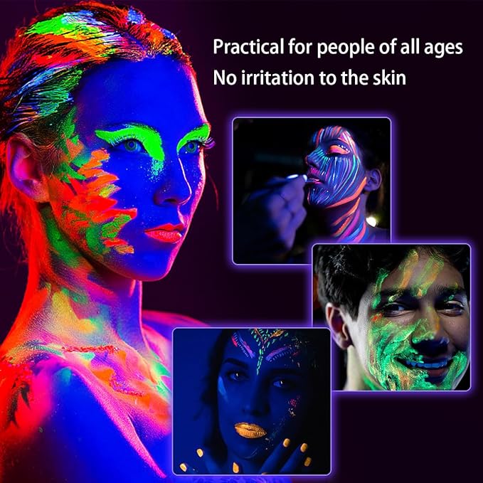 Glow UV Blacklight Face Paint,Neon Fluorescent Body Painting Palette,Water Activated Makeup Eyeliner,Water Based Glow In The Dark Party Halloween Washable for Adult Body Paint Set (12 color)