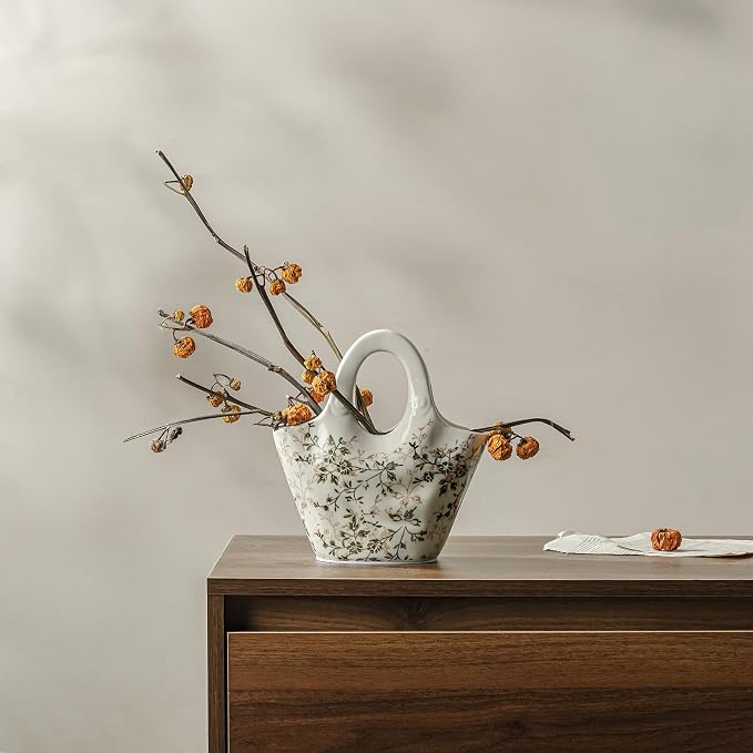 Ceramic Flower Vase for Home Decor, Vintage Green Purse Vase 9 Inch | Rustic Farmhouse Floral Vase for Bookshelf, Living Room, Kitchen, Coffee Table, Mantel, Entryway, Wedding Centerpiece