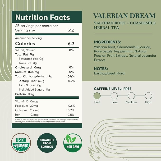 Luxmi Estates Organic Valerian Root, Chamomile, & Lavender Loose Leaf Tea 50g/1.76oz (25 cups) for Sleep | Caffeine Free Wellness Sleep Tea