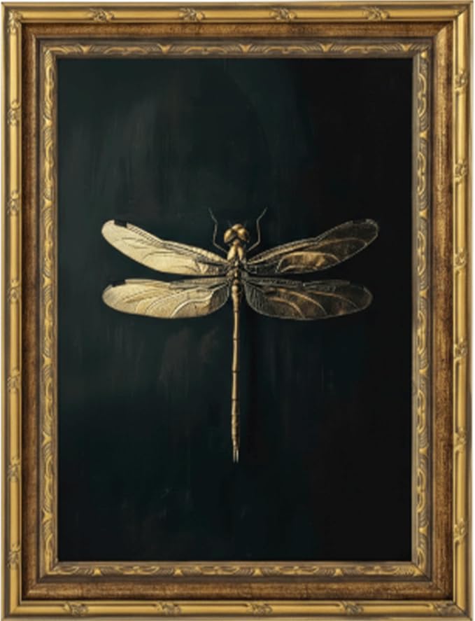 Vintage Framed Dragonfly Picture Wall Art,Gothic Insect Wall Decor 9x11in | Dark Retro Farmhouse Style For Ideal For Bedroom, Study, Hallway, Office Or Entryway.