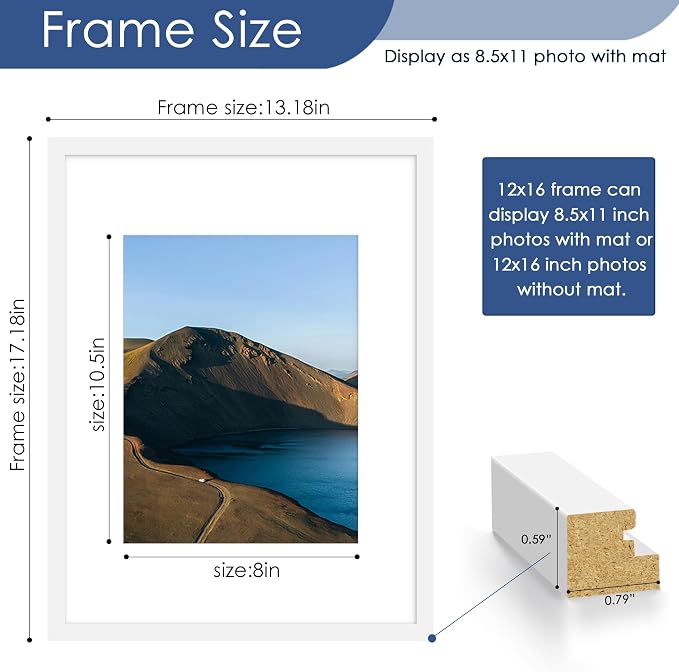 12x16 Picture Frame Set of 6, Wall Mount Display, White | Display Pictures 8.5x11 with Mat or 12x16 Without Mat, Horizontal or Vertical, Gallery Wall Frame Set, Wedding Birthday Gifts