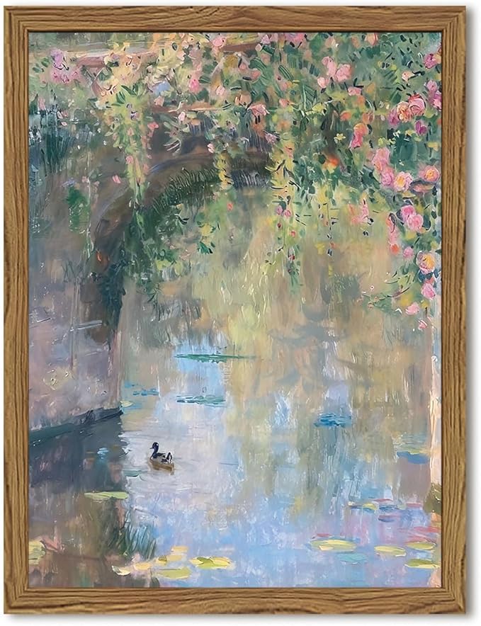 Framed Vintage Monet Canvas Wall Art, Floral Landscape Wall Decor Paintings, Country Nature Pictures Prints Aesthetic Home Decor for Living Room Bedroom Bathroom 16x24 inch