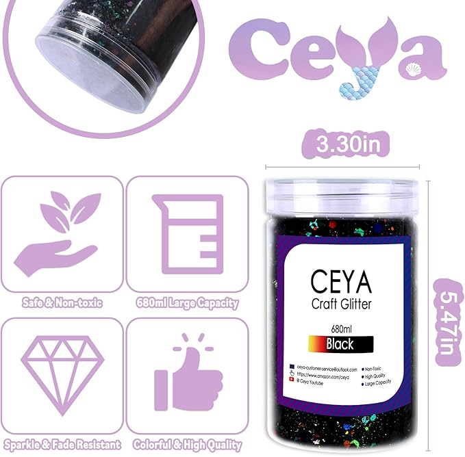 Ceya Holographic Chunky Glitter, 1 LB/ 16OZ Laser Black Bulk Craft Glitter Mixed Chunky Fine Glitter Bottled Metallic Flake Nail Sequins for Resin, Tumblers, Scrapbooking, Festival Decor, Art Project