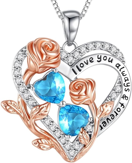 I Love You Birthstone Necklace, 925 Sterling Silver Heart Pendant with CZ Diamond Stones, Birthday Gifts for Women, Romantic Gift for Wife, Girlfriend, Her, Anniversary, Valentine's Day, Christmas