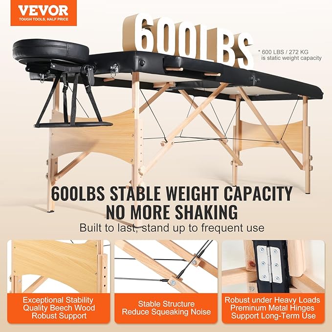 VEVOR Portable Massage Table 28" W, 2 Folding Lightweight Massage Table, 8-Level Height Adjustable Salon Tattoo Bed, Spa Table with Headrest, Armrests, Hand Pallet & Carrying Bag, 600LBS