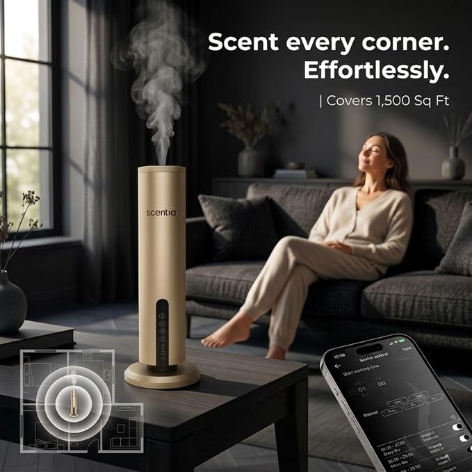 Scentia Wireless, Cold Air, Waterless Hotel Scent Diffuser for Home,Office or Spa Aromatherapy | Includes Premium USA-Made Oil Blend | App Controlled, | Covers 1500 Sq Ft | 72 Hrs in 1 Charging |Gold