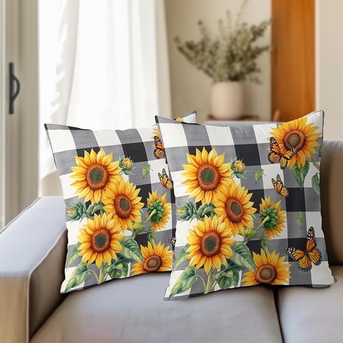 Sunflower Pillow Covers 18X18 Inch Set of 2 Black White Buffalo Plaid Flower Decorative Pillow Cases Spring Summer Floral Cushion Case Farmhouse Modern Home Decor for Sofa Couch Bedroom
