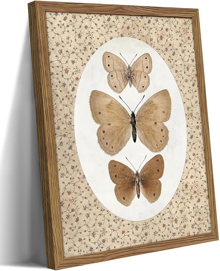 Framed Butterfly Canvas Wall Art, Vintage Butterfly Pictures Posters Wall Decor, Modern Farmhouse Decor, Rustic Retro Butterflies Paintings Prints for Bedroom Bathroom Shelf 8x10 inch