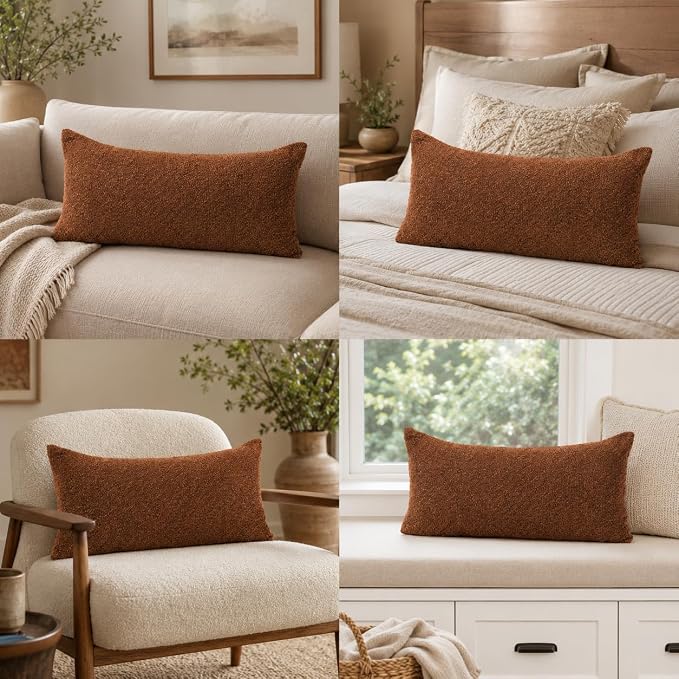JoraLion 16x24 inch Boucle Lumbar Pillow Cover, Rust Woven Texture Neutral Long Pillow Cover Breathable Cushion Case for Couch Sofa Bed Living Room Home Decor (Cover Only)