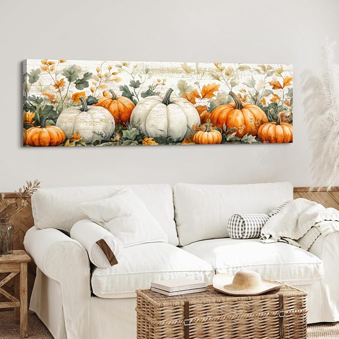 Pumpkin Canvas Wall Art Fall Picture Botanical Wall Decor for Kitchen Living Room, Rustic Flowers Scenic Prints Painting Holiday Decorations Watercolor Autumn Flowers Painting Poster Artwork 14x48”