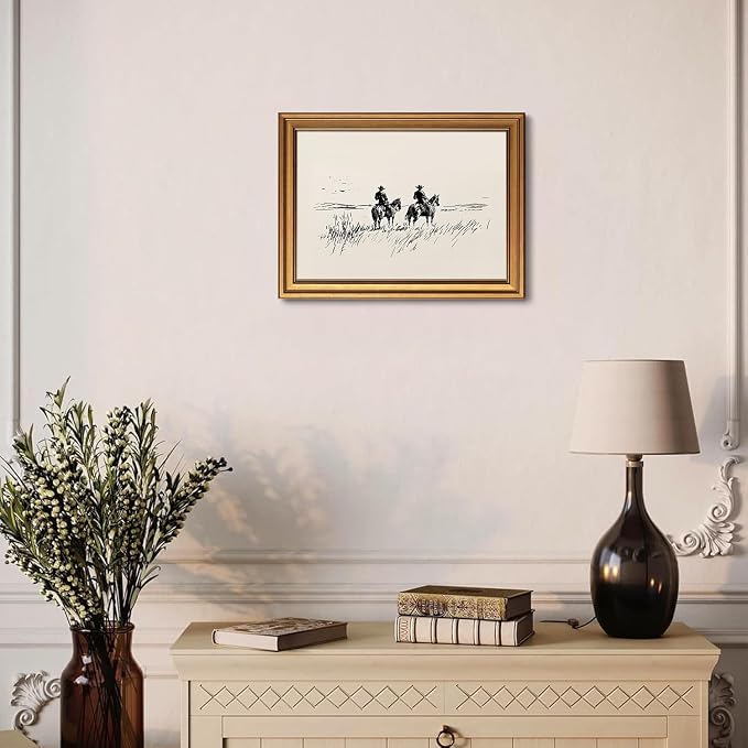 Western Cowboy Gold Framed Wall Art Minimalist Sketch Wall Decor Art | Vintage Horse Landscape Pictures Canvas Art Modern Southwest Small Framed Prints Artwork For Bookshelf Bedside Tables Foyer