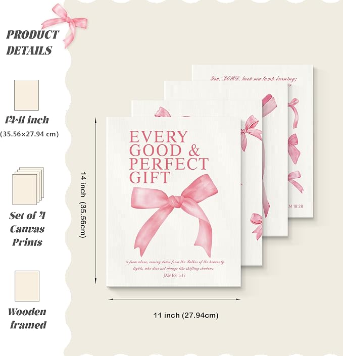 LARTSFRO Coquette Pink Bow Canvas Wall Art Decor Prints Posters, Pink Bow Room Bedroom Bathroom Dorm Wall Art Decor Aesthetic for College Teen Girls Gifts, Inspirational Bible Verses Bow Wall Decor, 11x14 Inch Set of 4 Pcs Bow Pictures (Canvas Framed 1...