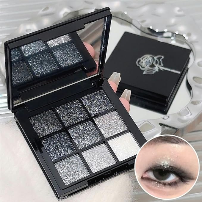 9 Colors Glitter Eyeshadow Palette, Black Silver Gray White Goth Shimmer Sparkly Eye Shadow Makeup Palette, Metallic Eyeshadow, Smokey Eye Glitter Makeup Sombras De Ojos