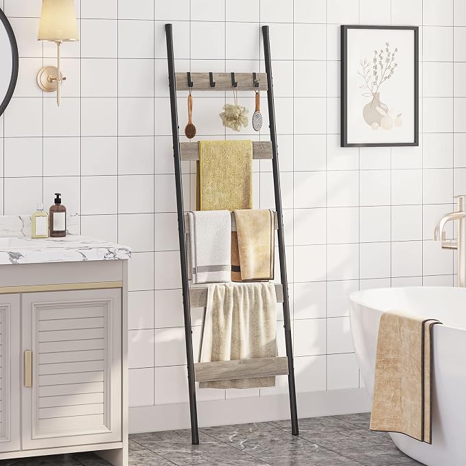HOOBRO Blanket Ladder, 5-Tier Towel Rack with Hooks, Wall-Leaning Blanket Rack, Decorative Display Ladder Shelf, Scarves, Industrial, Living Room, Bedroom, Greige and Black BG52CJ01