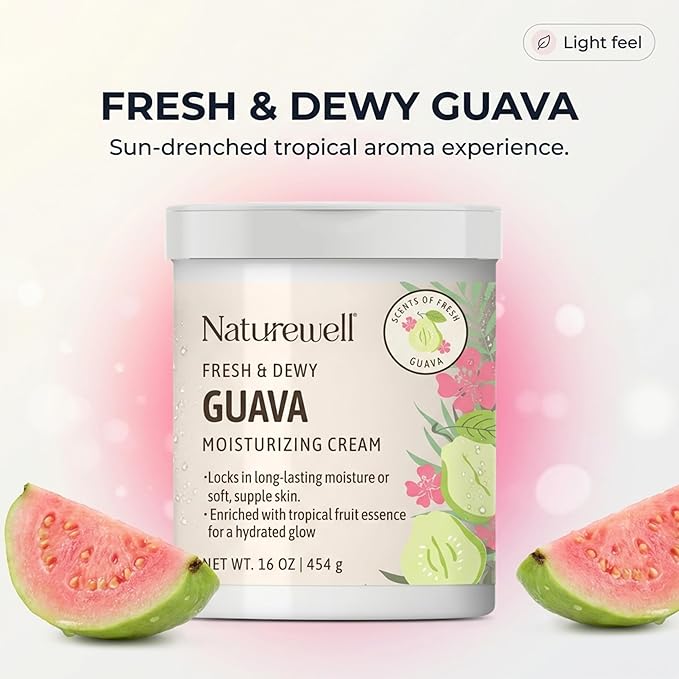 NATURE WELL Guava Fresh & Dewy Body Cream Moisturizer, Infused with Natural Oils & Extracts, Non-Greasy, Light, Helps Lock in Moisture, Enriched with Tropical Fruit Essence for a Healthy Glow, 16 Oz