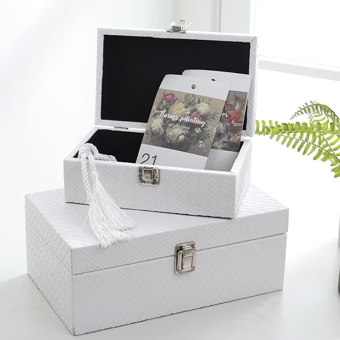 DECOR4SEASON Faux Leather Decorative Jewelry Storage Organizer Boxes Set of 2, White | Modern White Box for Vanity, Entryway & Coffee Table Décor