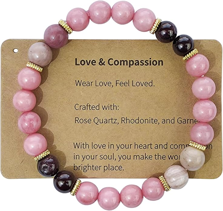 Natural Healing Crystal Gemstone Bracelet Handcrafted Crystal Bead Stretch Bracelet Yoga Meditation Beaded Bracelet with Love & Compassion Symbolic Theme for Women Girl (8mm, Rose Quartz, Rhodonite, Garnet)