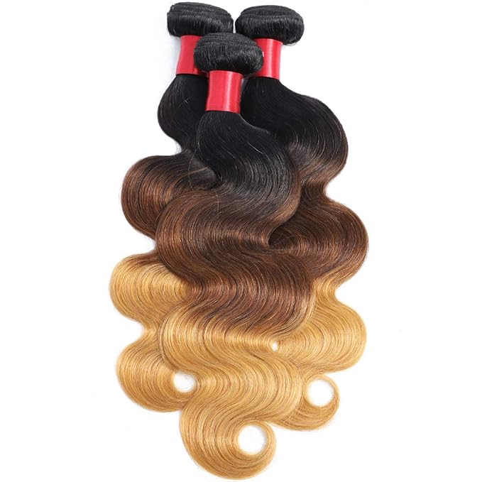 Ombre Human Hair Bundles Brazilian 1b/4/27 Three Tone Ombre Body Wave Human Hair One Bundle 20inch 100% Unprocessed Virgin Hair Bundles Weaves Extensions for Women