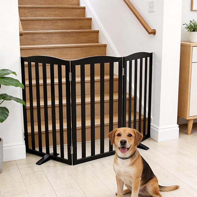 ZJSF Foldable Freestanding Indoor Dog Gate for House Wood Long Pet Gates Dog Fence for Stairs Puppy Gates for Hallways, Puppy Gate,Support Feet Included, Black, 32 "Height-3 Panels
