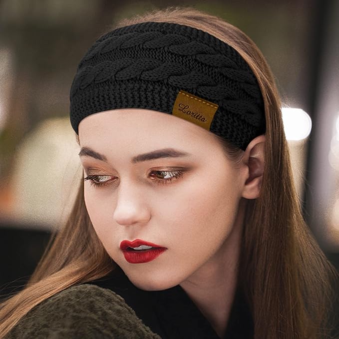 Loritta 2 Pack Headbands for Women Winter Warm Cable Knit Ear Warmer Thick Head Wrap Fuzzy Fleece Lined Gifts