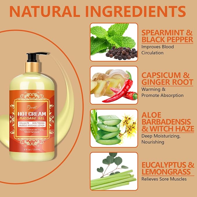 Pjordo Anti Cellulite Massage Oil & Hot Cream Set with Massager, Natural Cellulite Remover, Oil & Massager for Legs Arms and Butt, Firm, Tighten & Moisturize Skin Soothes Muscles (8 Fl Oz)