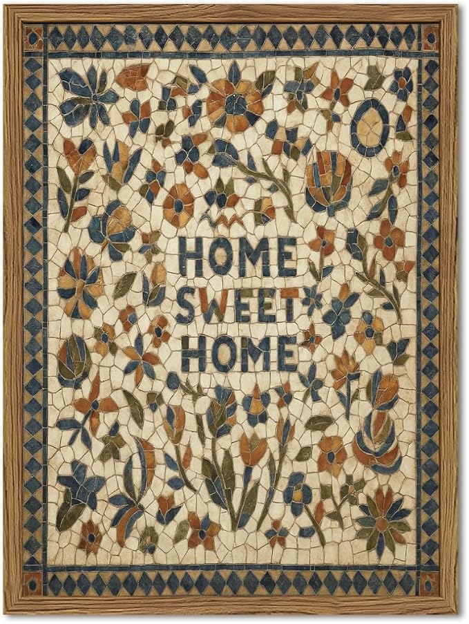 Vintage Mosaic Floral Wall Art Home Sweet Home Tile Florals Wall Decor Painting, Retro Country Boho Poster Canvas Print Picture for Living Room Bedroom 12x16 inch Wood Framed
