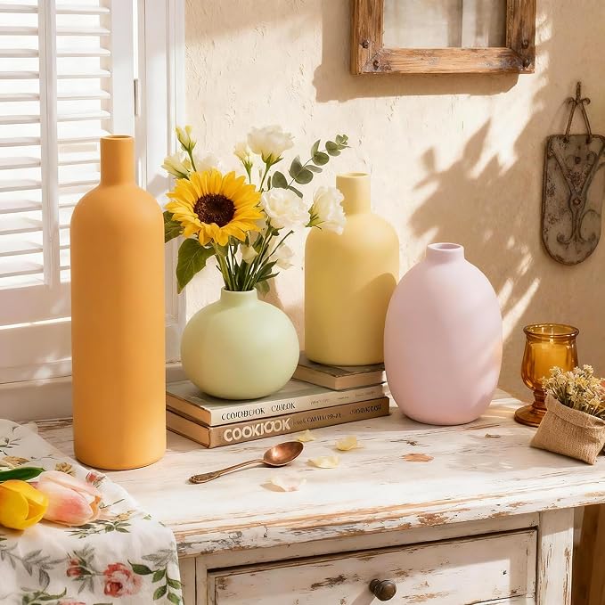 Macaron Ceramic Vase Set of 4, Modern Colors Home Decor, Rustic Farmhouse Decorative Flowers Vases for Bouquet, Pampas | Table Mantel Centerpiece Bookshelf Living Room Bedroom (Rustic Mix Set of 4)