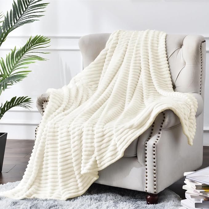 BEDELITE 3D Ribbed Jacquard Cream Fleece Twin Blanket for Bed, 60x80 Inch | Soft Warm Decorative Fluffy Blanket, Cozy Plush Lightweight Fuzzy Throw Blanket for Couch Sofa Room Decor, Gift for Women