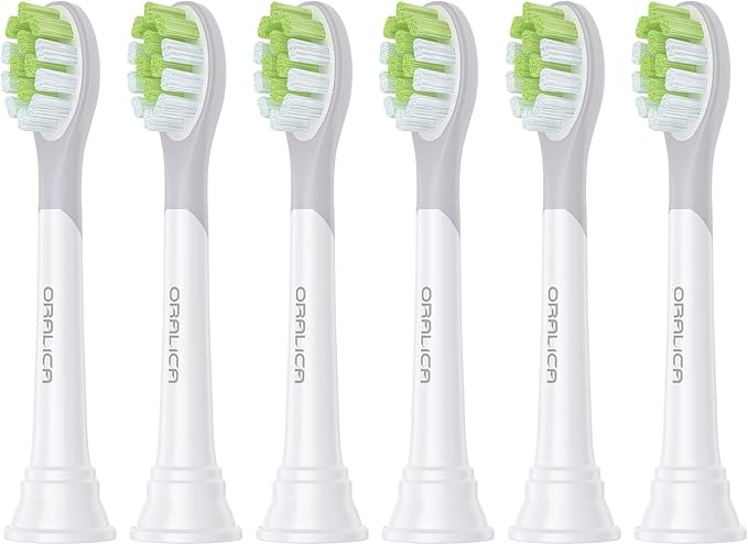 Oralica - Japanese Brand Whitening Replacement Toothbrush Heads, Compatible with Philips Sonicare Click-on Handles, 6 Pack, Medium, with Tongue Cleaner (CA668, White)