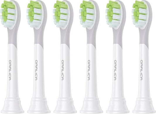 Oralica - Japanese Brand Whitening Replacement Toothbrush Heads, Compatible with Philips Sonicare Click-on Handles, 6 Pack, Medium, with Tongue Cleaner (CA668, White)