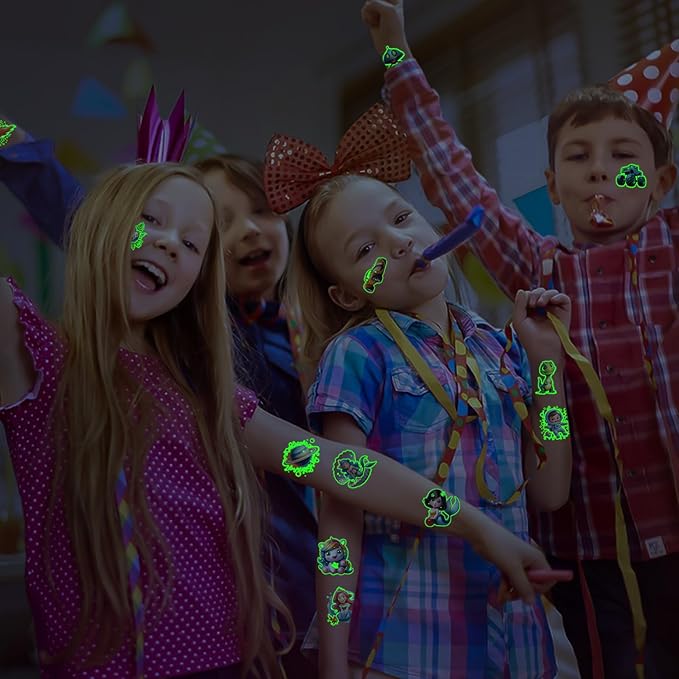Luminous Temporary Tattoo for Kids, Mixed Styles Glow Fake Tattoos Stickers with Mermaid Truck Racing Car Dinosaur Dolphin Shark Space for Girls Boy Body Arm Party Makeup Supplies Gifts, 117PCS