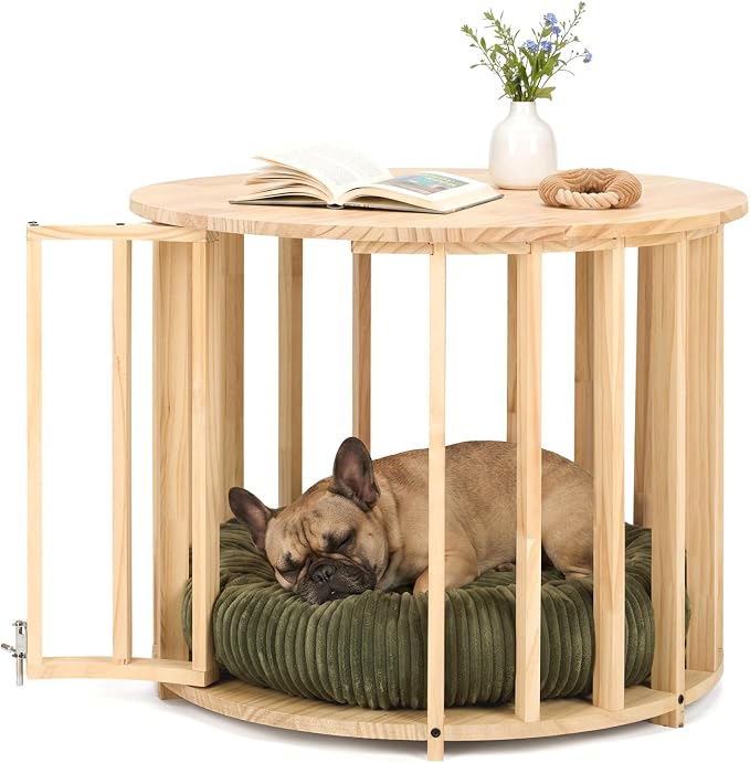 Veehoo Dog Crate Furniture, Round Cat Coffee Table with Cat Bed | Dog crate end table with dogs bed, wooden dog house, for small dogs & cats, 25.6" Dia. x 20.5" H, easy assembly