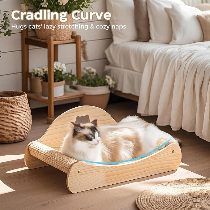 Avont Sisal Cat Scratcher Bed for Indoor Cats, Solid Wood Scratching Lounge | No-Mess Horizontal Scratcher -Large