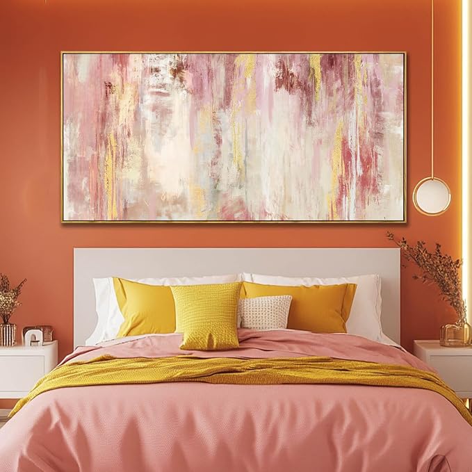 SOUGUAN Pink and Gold Pictures Canvas Wall Art for Bedroom Abstract Hand Paintings Home Decor for Bedroom Kitchen Office Wall Decorations Ready to Hang 30 x 60 Inch
