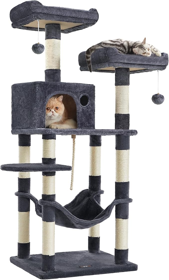 Feandrea Cat Tree, 55.8-Inch Cat Tower, Multi-Level Plush Condo with 11 Scratching Posts, 2 Perches, Hammock, Cave, Smoky Gray UPCT15GYZ