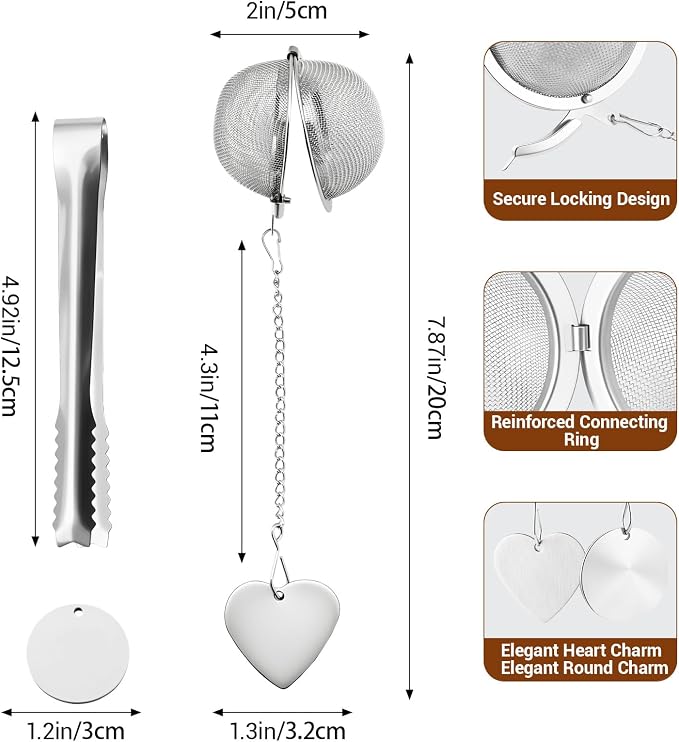 Tea Infuser for Loose Leaf Tea, 2 Pack Stainless Steel Tea Ball | 2 inch extra fine mesh tea strainer with 304 stainless steel, 2 heart charms, 2 round charms and tea scoop clip