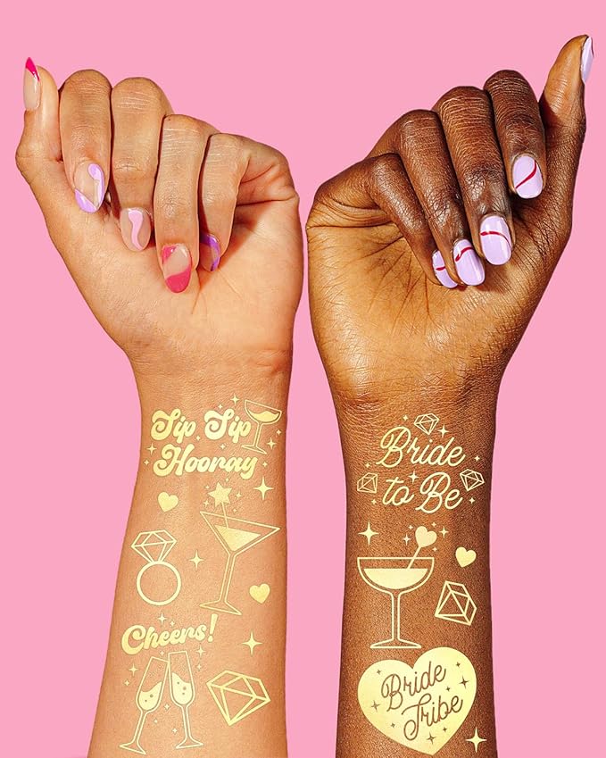 xo, Fetti Gold Bachelorette Tattoos, 54 pcs | Bach Party Favors, Bride Tribe Temporary Tats, Metallic Bridal Party Accessory, Bridesmaid Gift