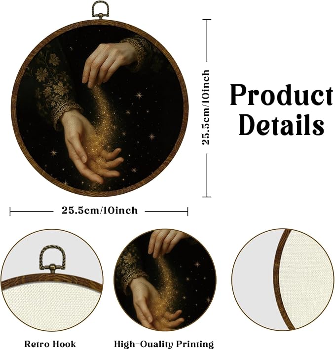 KLYTINK We Are All Stardust Home Decor,Romantic Academia Round Wall Art,Goddess Hands Canvas Print with Star Dust, Gothic Dark Vintage Hanging Decor for Bedroom or Study 10''x10''(Golden sand)