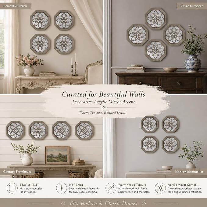 4 Pack 12 Inch Octagon Brown Rustic Wood Frame Acrylic Wall Mirrors, Farmhouse Boho Wall Art Decor for Living Room, Bedroom, Hallway, Entryway, Bathroom & Office