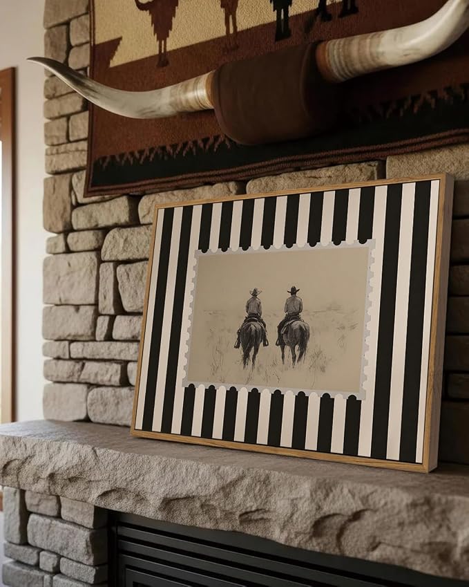 ZZLWBKGL Western Wall Decor Vintage Framed Wall Art Cowboy Canvas Art | Rustic Striped Artwork Retro Stamp Picture Mid Century Paintings for Living Room Bedroom 12x16in