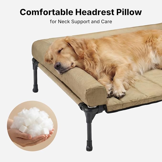 Veehoo Outdoor Elevated Dog Bed with Waterproof Bolster Cushion, Cooling | Raised Dog Bed with Removable & Washable Mat Topper, Breathable Mesh, Dog Couch Cot for Indoor Outdoor, 53", Large, Beige