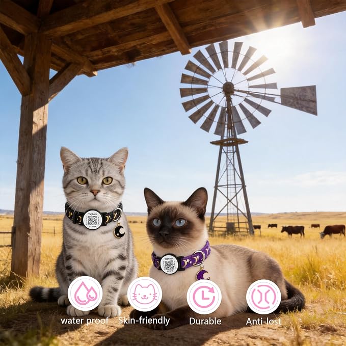 2PCS Breakaway Cat Collars with Moons Stars Cute Kitty Adjustable Safe Kitten Collars with Smart ID QR Code tag,Moon and Star Kitten Safety Collars for Boys & Girls(Black & Purple)