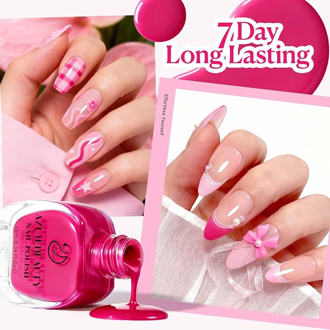 AZUREBEAUTY Hot Pink Nail Polish Set (4 Colors + Top Coat), Bright Solid Color Shades, Glossy Finish, Quick Dry Regular Nail Polish for Easy DIY Use