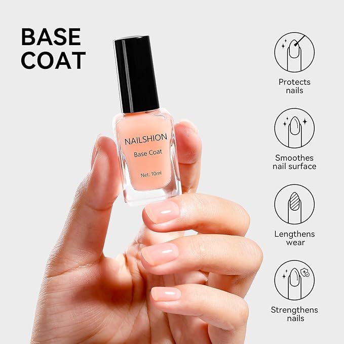 Clear Top Coat and Nude Base Coat Ridge Filler Strengthening Anti Chip Nail Polish, Non Gel, Rich in Castor Oil & Calcium, Salon Quality, Vegan, High Glossy Quick Dry Home DIY Nail Art Gift