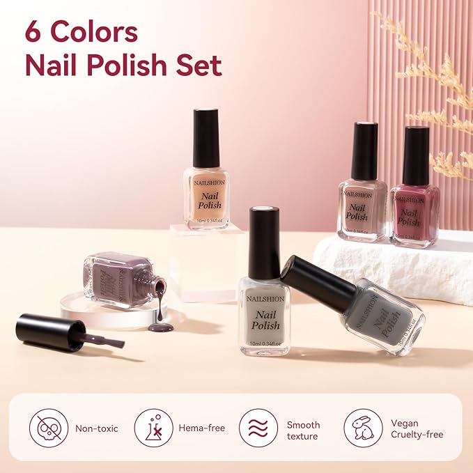 Nude Grays Nail Polish Set, Non Gel, 6 Colors Nude Pink Brown Red Dusty Rose Nail Polishes Neutral Color for All Seasons, Fast Air Dry Nail Art DIY at Home Manicure Gift for Women Girls