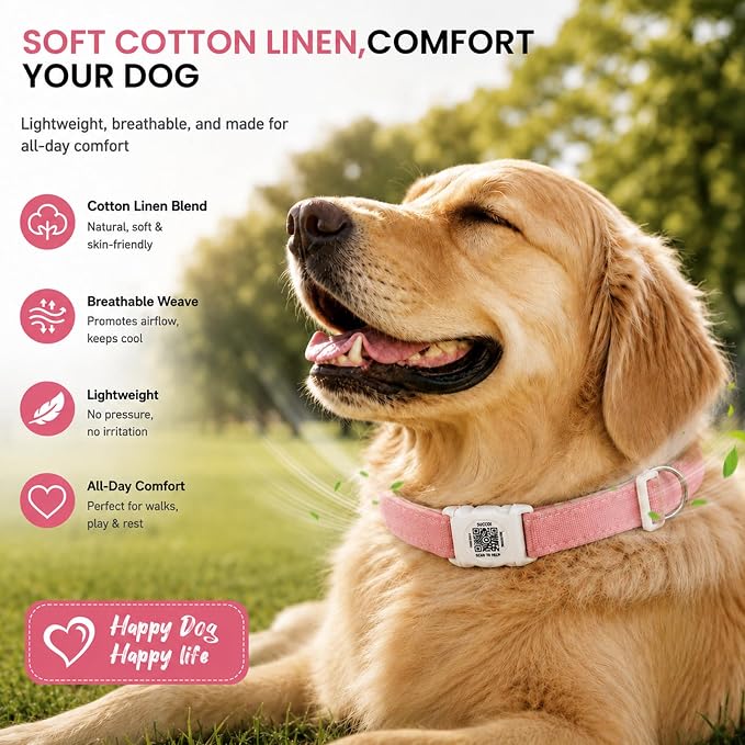 AirTag Dog Collar with QR Code ID, Dog Collar with Air Tag Holder, Pink, L