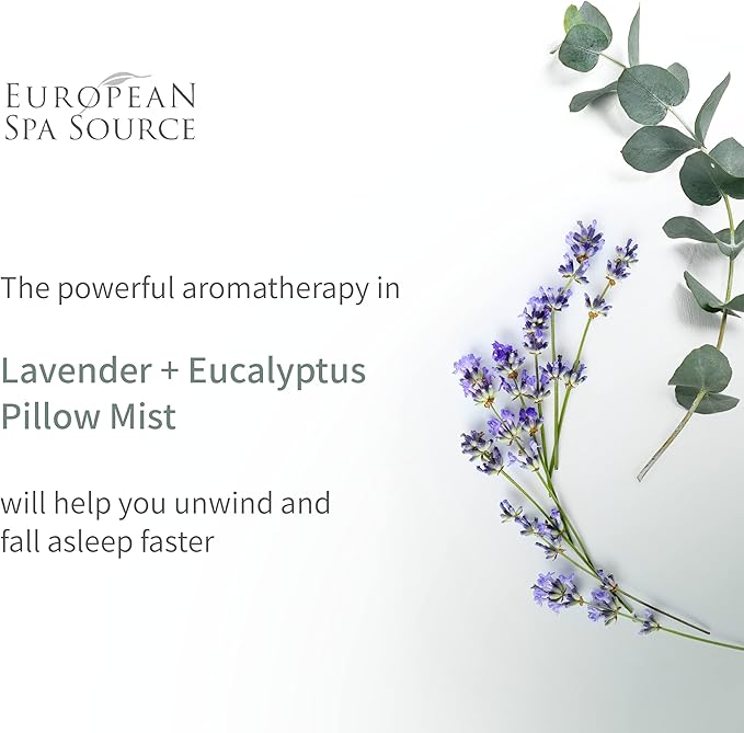 European Spa Source Sleep Well Eucalyptus + Lavender Pillow Mist Spray for Aromatherapy, at Home Spa Experience, Tension Relief, Sleep Support, and Relaxation, 4 fl oz.