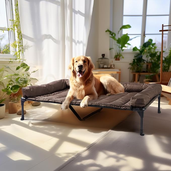 Veehoo Outdoor Elevated Dog Bed with Waterproof Bolster Cushion, Cooling | Raised Dog Bed with Removable & Washable Mat Topper, Breathable Mesh, Dog Couch Cot for Indoor Outdoor, 49", Large, Brown