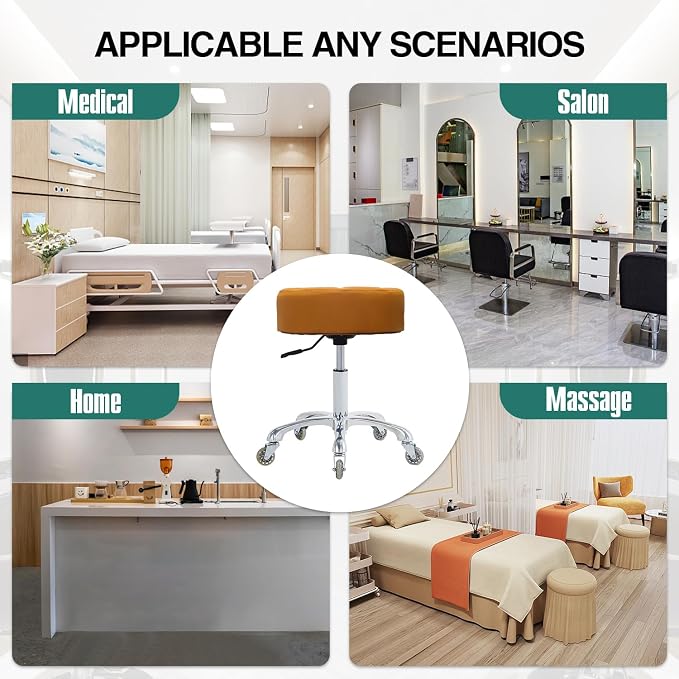 Ainilaily Rolling Stool with Wheels Adjustable Height, Roller Stool for Massage Medical Tattoo Spa Heavy Duty Swivel Desk (Super Thick Cushion, Camel)