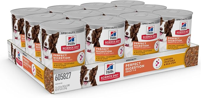 Hill's Science Diet Adult 1-6 Perfect Digestion Wet Dog Food | #1 Veterinarian Recommended, Chicken, Vegetable, & Rice, 12.8 oz. Cans, 12-Pack